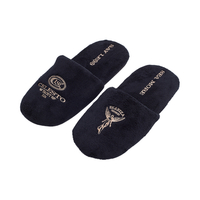 Custom Black Terry Spa Slippers with Gold Embroidery – Luxury Hotel Slippers Manufacturer