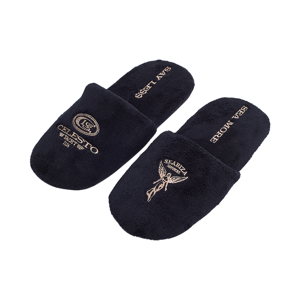 Custom Black Terry Spa Slippers with Gold Embroidery – Luxury Hotel Slippers Manufacturer