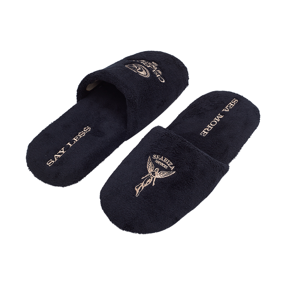 Custom Black Terry Spa Slippers with Gold Embroidery – Luxury Hotel Slippers Manufacturer