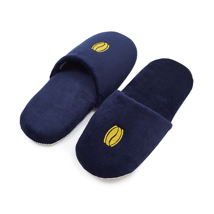 Custom Navy Blue Hotel Slippers with Gold Embroidered Logo - Spa Slippers Bulk Supply & Custom Factory