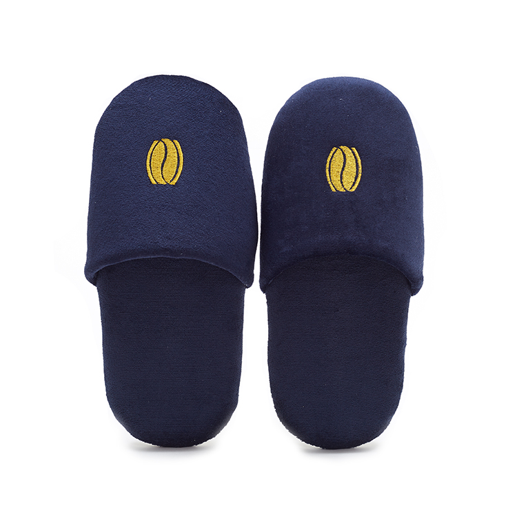 Custom Navy Blue Hotel Slippers with Gold Embroidered Logo - Spa Slippers Bulk Supply & Custom Factory