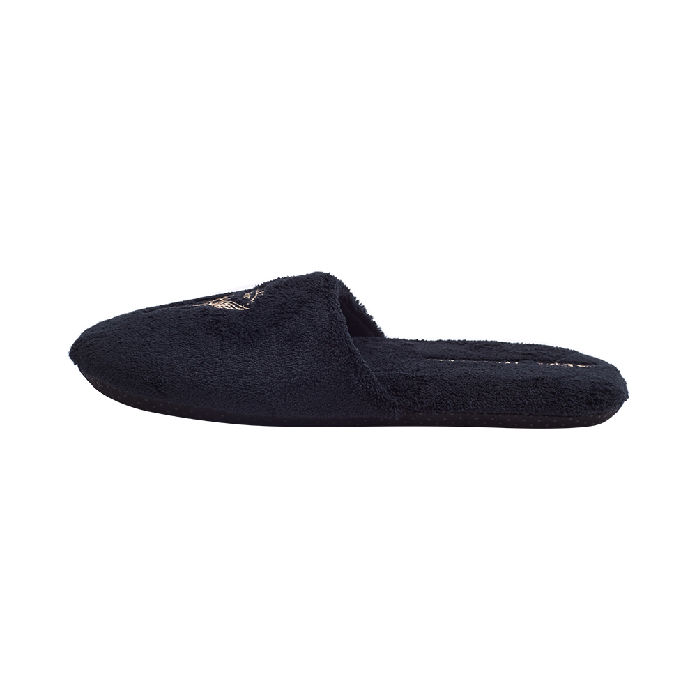 Custom Black Terry Spa Slippers with Gold Embroidery – Luxury Hotel Slippers Manufacturer