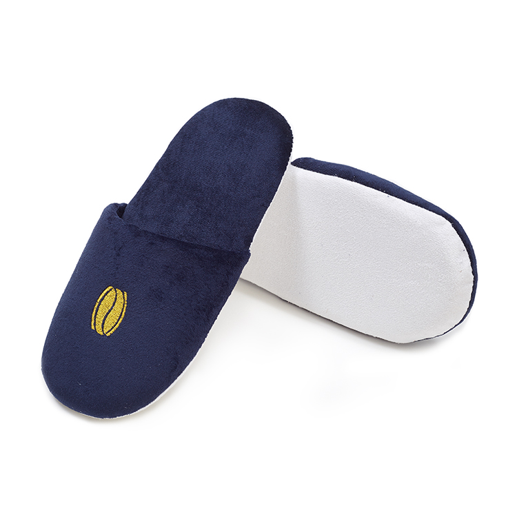 Custom Navy Blue Hotel Slippers with Gold Embroidered Logo - Spa Slippers Bulk Supply & Custom Factory
