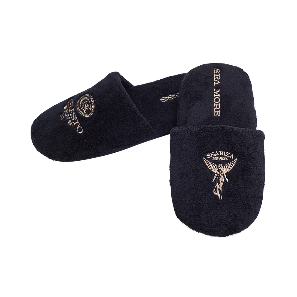 Custom Black Terry Spa Slippers with Gold Embroidery – Luxury Hotel Slippers Manufacturer