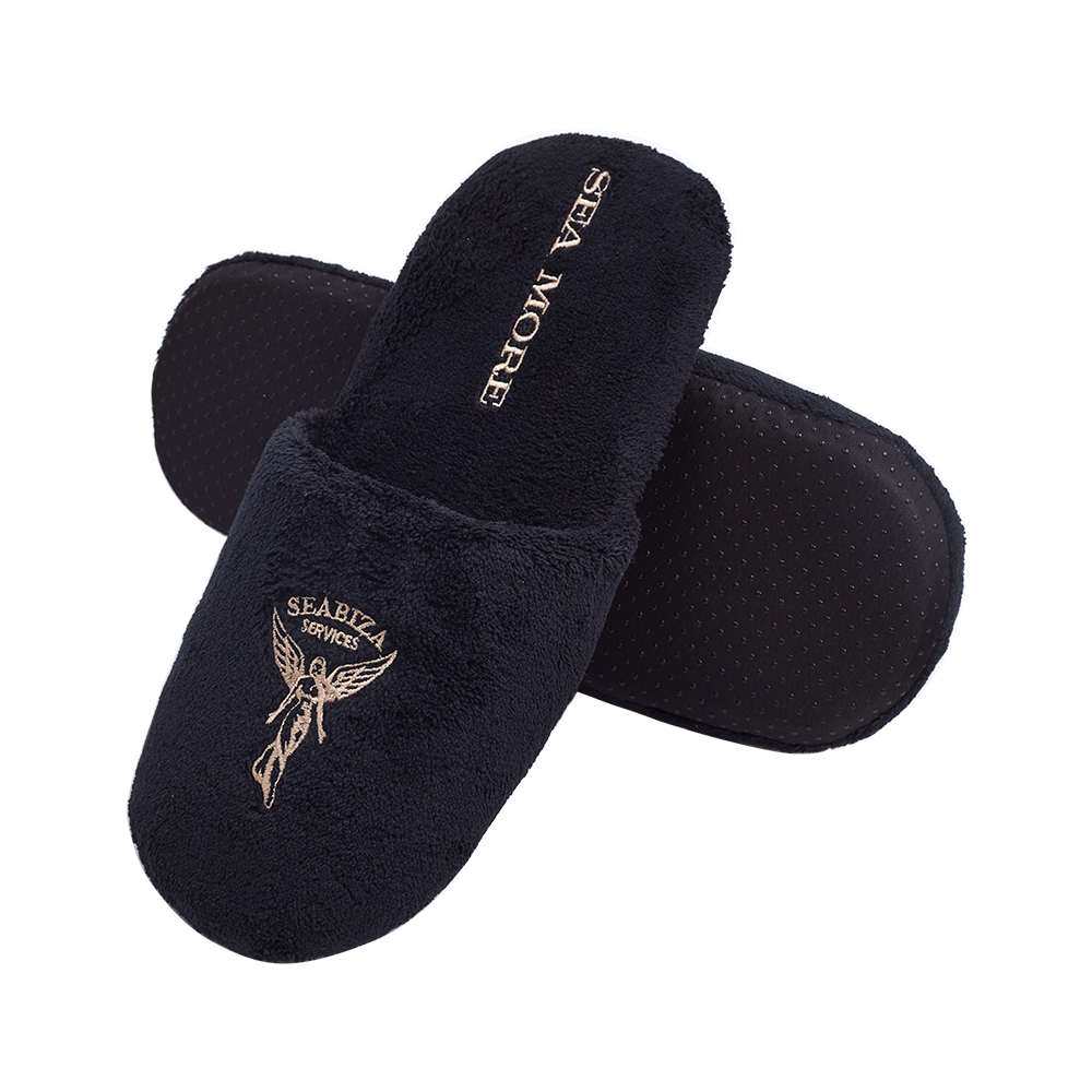 Custom Black Terry Spa Slippers with Gold Embroidery – Luxury Hotel Slippers Manufacturer
