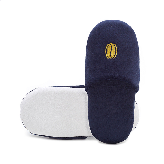 Custom Navy Blue Hotel Slippers with Gold Embroidered Logo - Spa Slippers Bulk Supply & Custom Factory