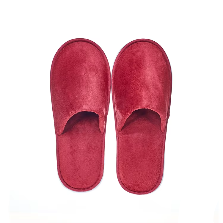 Disposable Red Velour Hotel Slippers – Lightweight Fabric Guest Slippers Bulk Supply & Custom Manufacturer