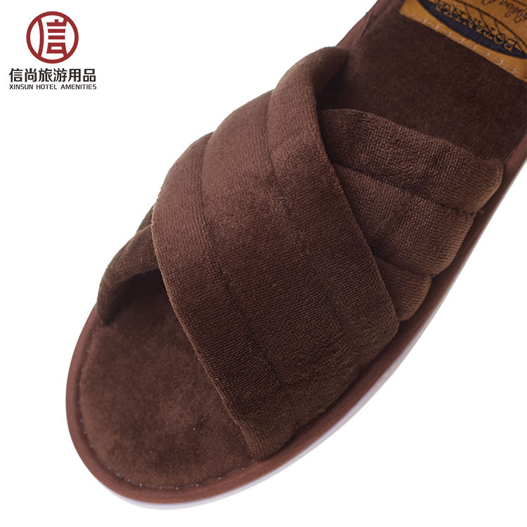 Brown Velour Crossband Hotel Slippers – Comfortable Slide Spa Guest Slippers Bulk Supply & Custom Manufacturer