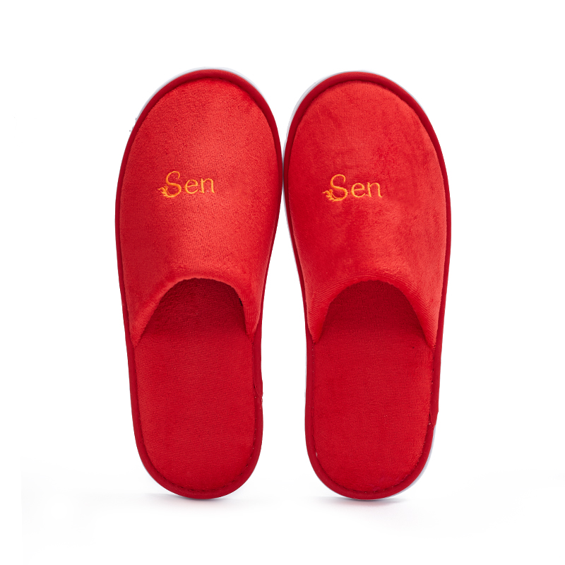 Red Woman Velour Hotel Slippers with Non-Slip Sole – Soft Spa Guest Slippers Bulk Supply & Custom Manufacturer