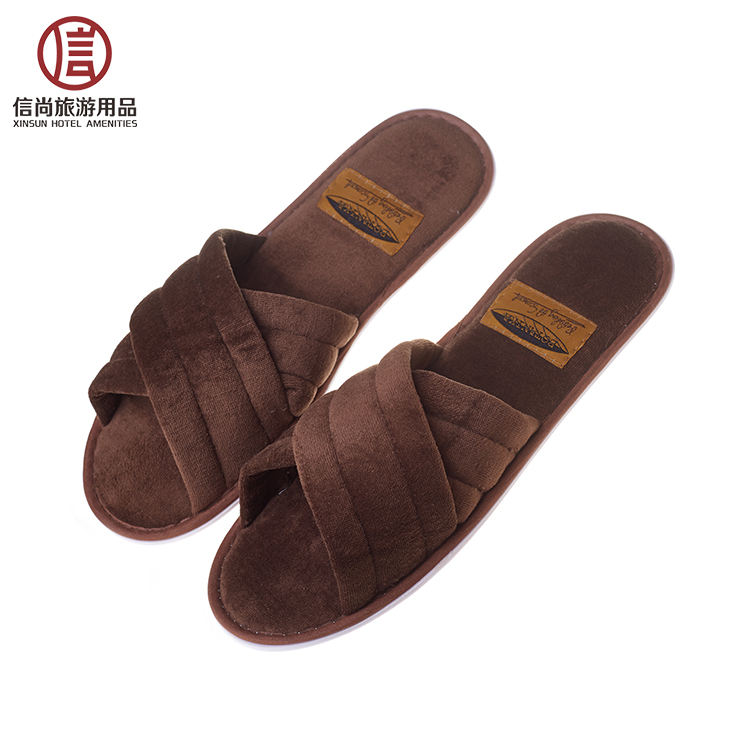 Brown Velour Crossband Hotel Slippers – Comfortable Slide Spa Guest Slippers Bulk Supply & Custom Manufacturer