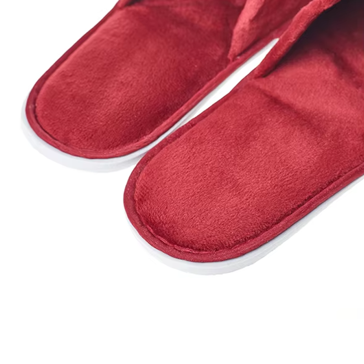 Disposable Red Velour Hotel Slippers – Lightweight Fabric Guest Slippers Bulk Supply & Custom Manufacturer