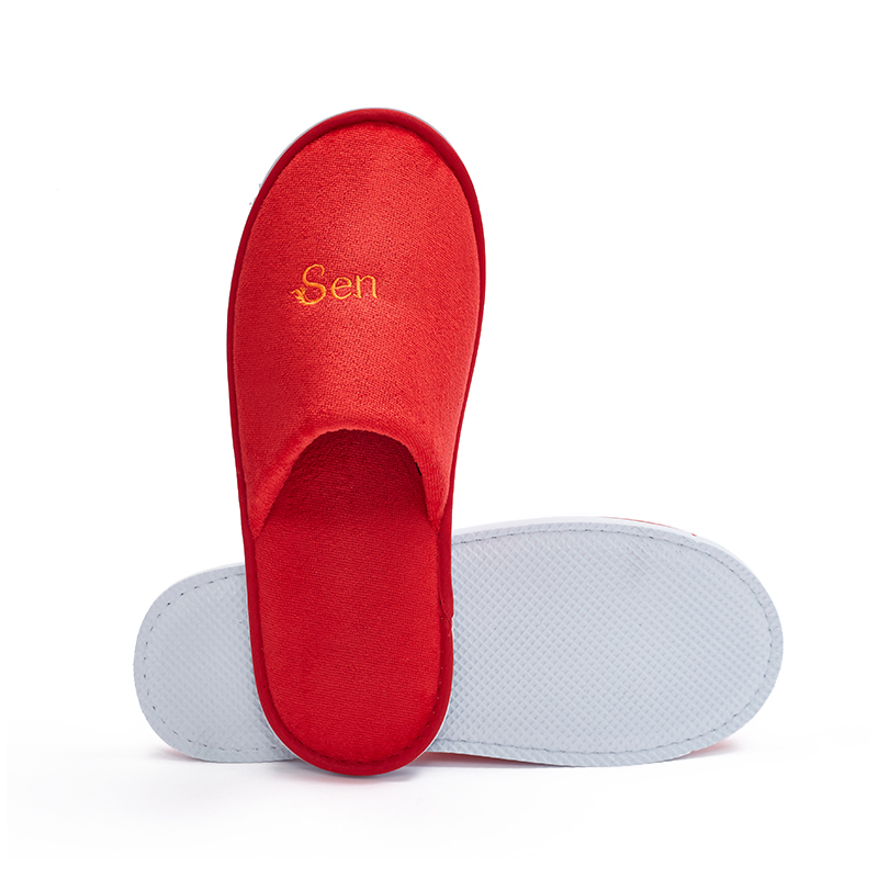 Red Woman Velour Hotel Slippers with Non-Slip Sole – Soft Spa Guest Slippers Bulk Supply & Custom Manufacturer
