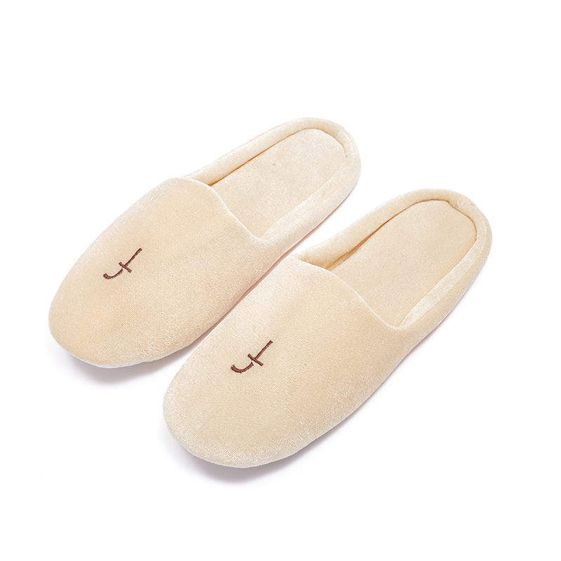 Factory Direct Beige Velour Hotel Slippers – Custom Embroidered Logo Disposable Slippers for Luxury Hotels & SPA Bulk Supply