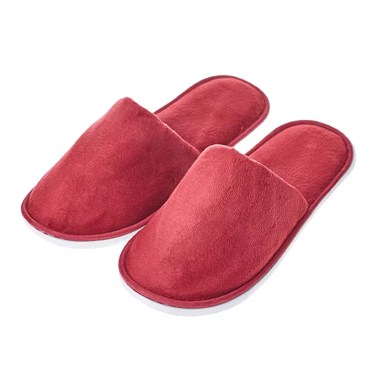 Disposable Red Velour Hotel Slippers – Lightweight Fabric Guest Slippers Bulk Supply & Custom Manufacturer
