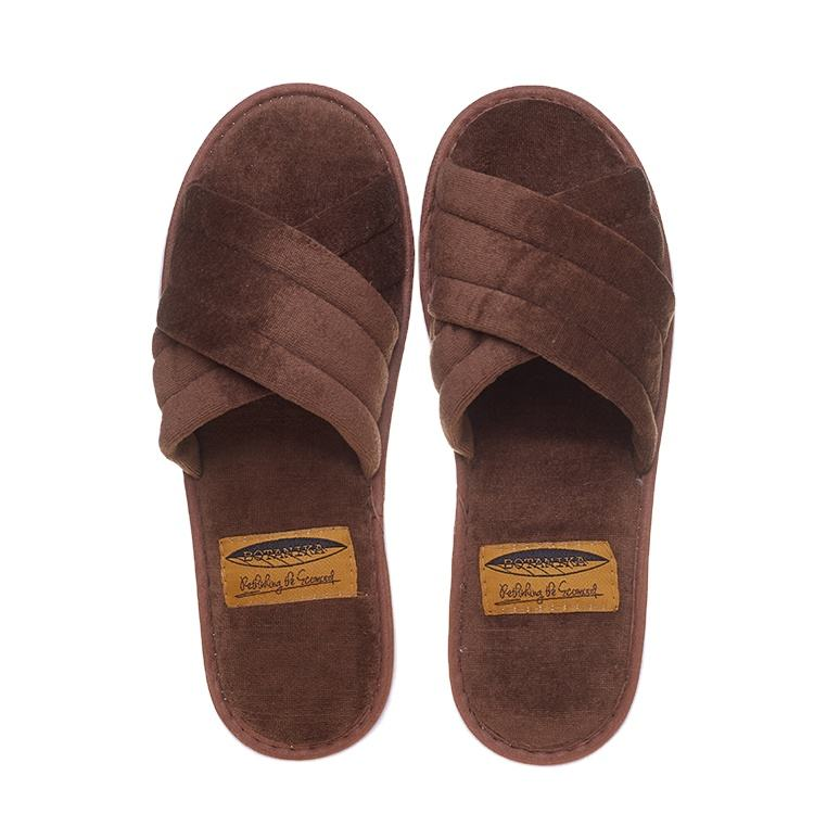 Brown Velour Crossband Hotel Slippers – Comfortable Slide Spa Guest Slippers Bulk Supply & Custom Manufacturer