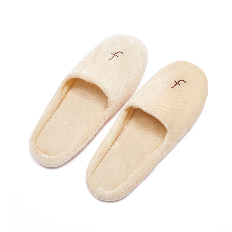 Factory Direct Beige Velour Hotel Slippers – Custom Embroidered Logo Disposable Slippers for Luxury Hotels & SPA Bulk Supply