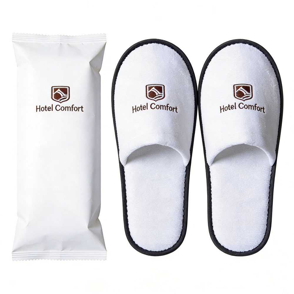 White Terry Disposable Hotel Slippers with Custom Logo – Eco Paper Packaging Bulk Supply Manufacturer