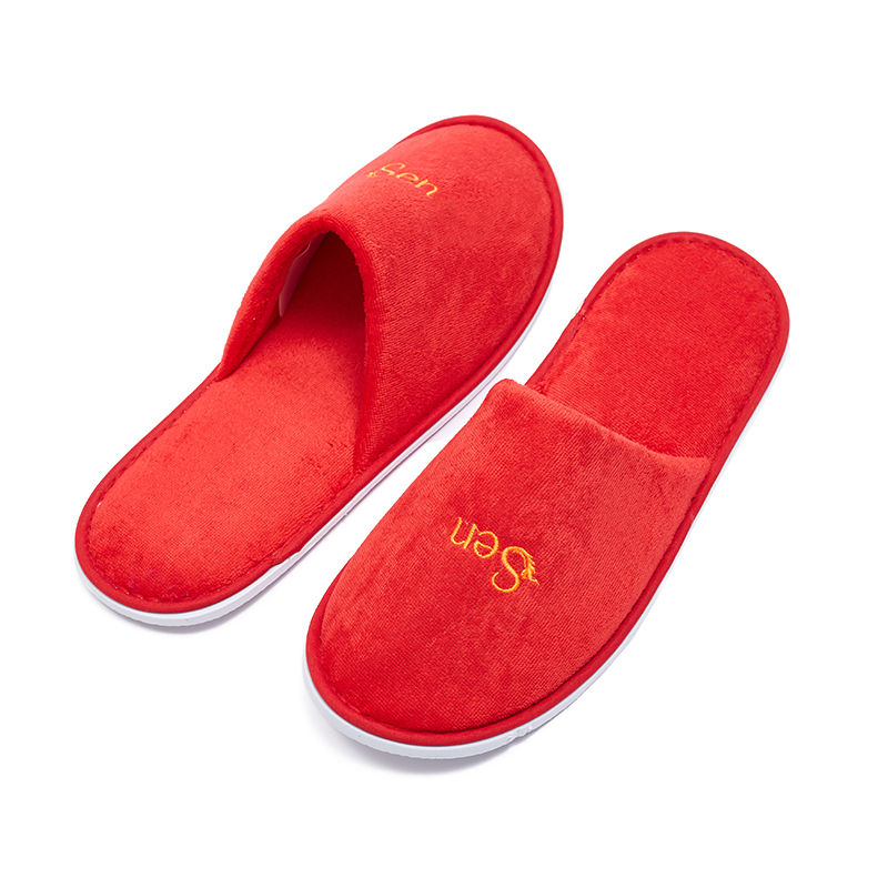 Red Woman Velour Hotel Slippers with Non-Slip Sole – Soft Spa Guest Slippers Bulk Supply & Custom Manufacturer