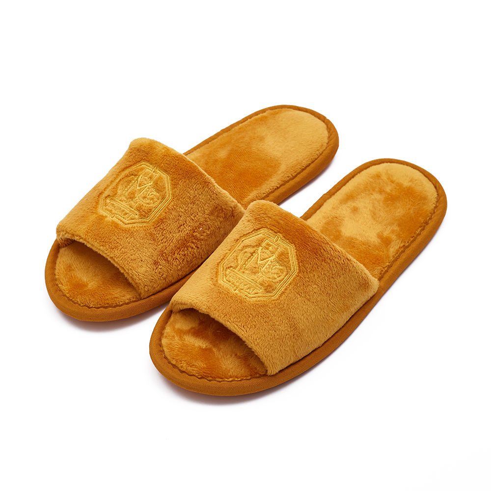 Golden Velour Open Toe Hotel Spa Slippers with Non-Slip Sole – Luxury Guest Slippers Bulk Supply & Custom Manufacturer