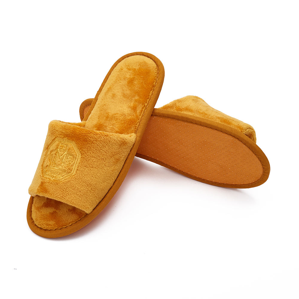 Golden Velour Open Toe Hotel Spa Slippers with Non-Slip Sole – Luxury Guest Slippers Bulk Supply & Custom Manufacturer