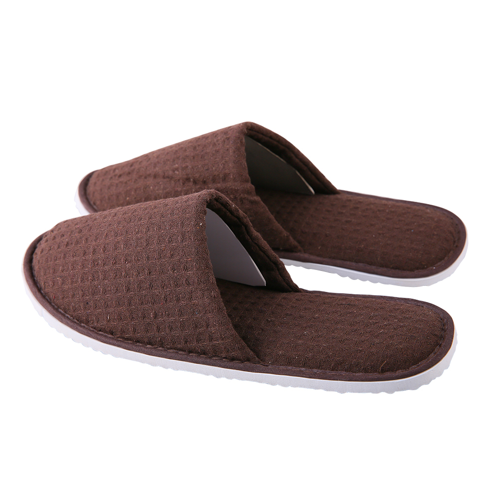 Custom Brown Waffle Hotel Slippers – Soft EVA Sole, Spa & Hospitality Disposable Footwear for Bulk Orders