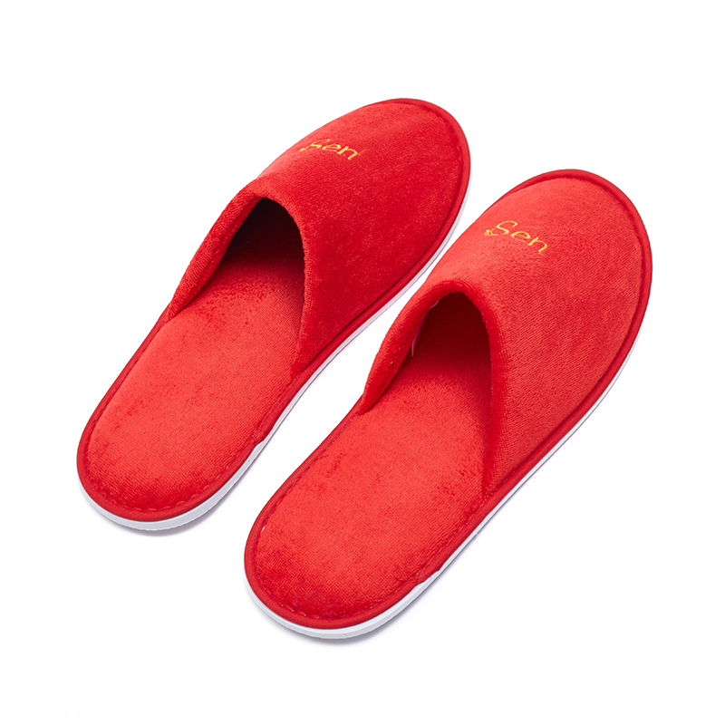 Red Woman Velour Hotel Slippers with Non-Slip Sole – Soft Spa Guest Slippers Bulk Supply & Custom Manufacturer