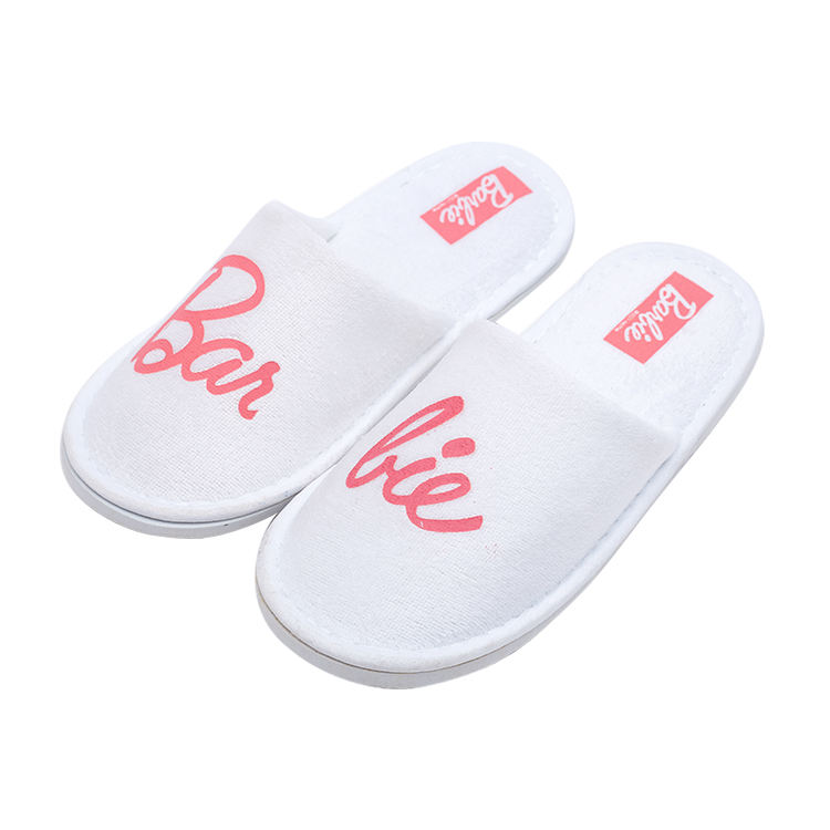 White Terry Hotel Slippers with Pink Embroidered Logo – Custom Spa Guest Slippers Bulk Supply & Factory Direct