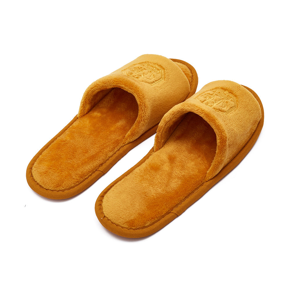 Golden Velour Open Toe Hotel Spa Slippers with Non-Slip Sole – Luxury Guest Slippers Bulk Supply & Custom Manufacturer
