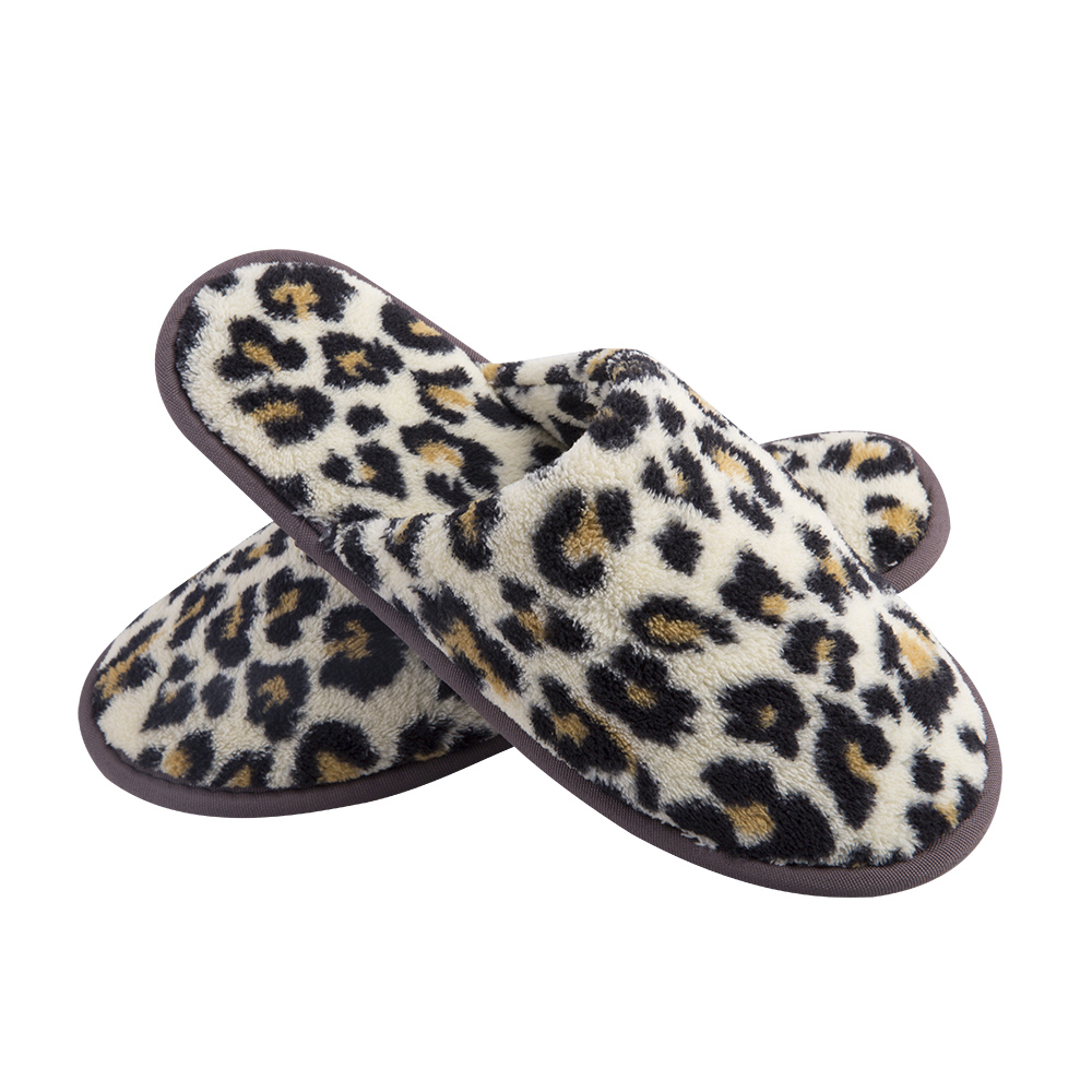 OEM Coral Fleece Hotel Slippers Leopard Print Custom Logo Hotel Slippers Bulk Supply