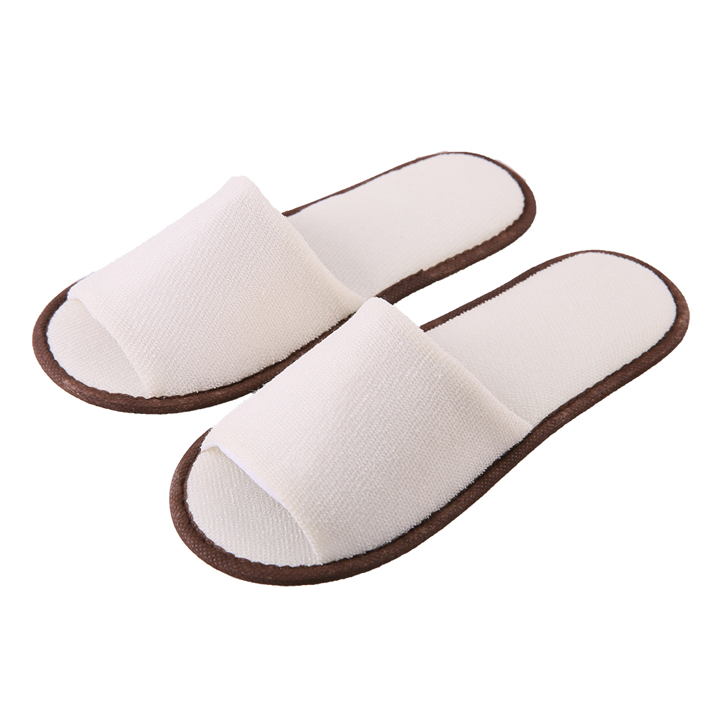 White Open Toe Disposable Spa Slippers with Brown Trim – Hotel Guest Slippers Bulk Supply & Custom Manufacturer
