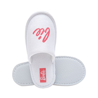 White Terry Hotel Slippers with Pink Embroidered Logo – Custom Spa Guest Slippers Bulk Supply & Factory Direct